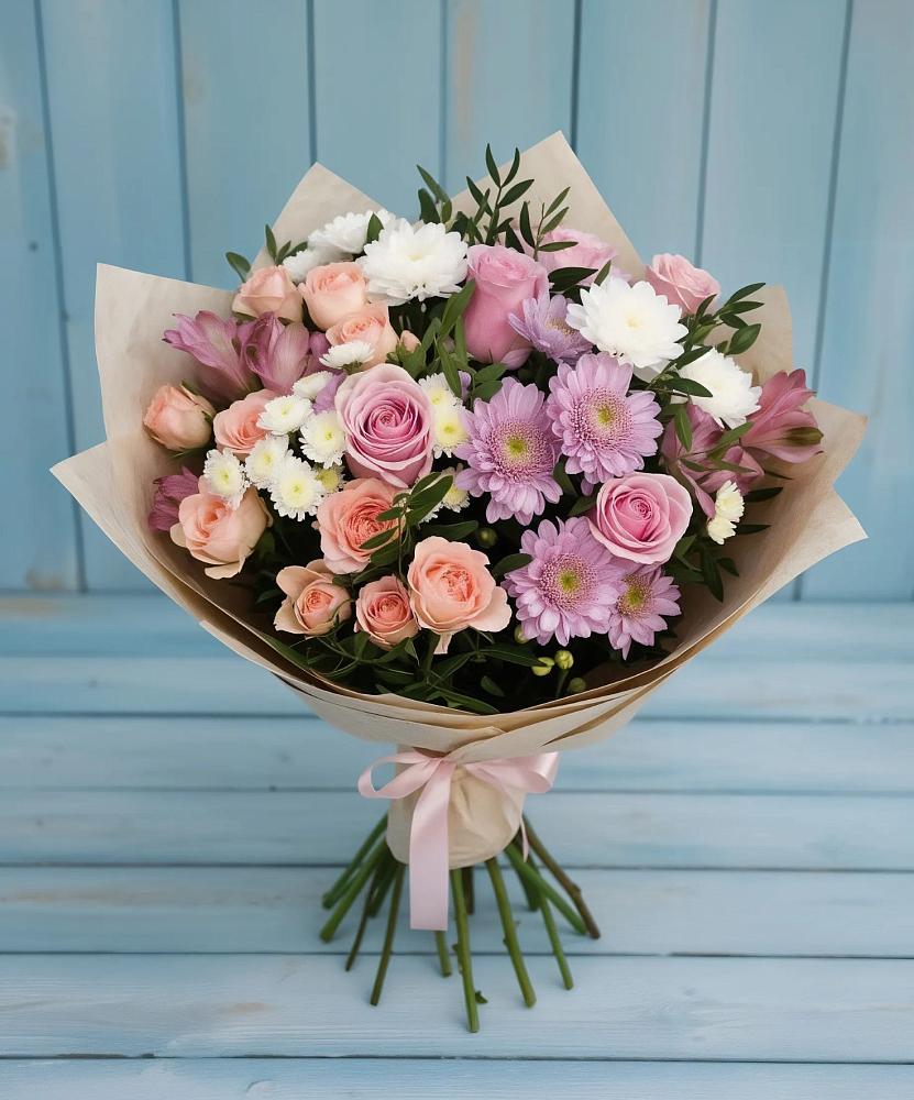 Букет цветов из: Хризантемы, Розы и Альстромерии в Верхних Ачалуках