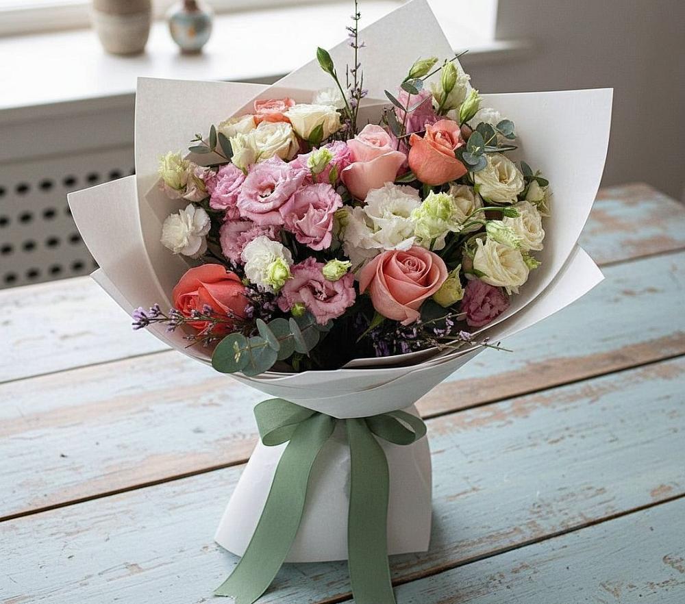 Букет цветов из: Розы, Лизиантусы и Гвоздики в Верхних Ачалуках