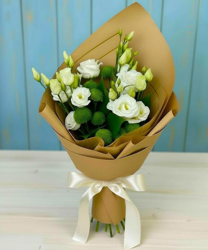 Букет цветов из: Хризантемы и Лизиантусы в Верхних Ачалуках