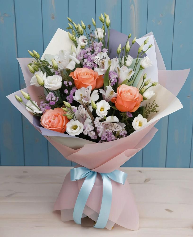 Букет цветов из: Лизиантусы, Розы, Альстромерии и Гипсофила в Верхних Ачалуках