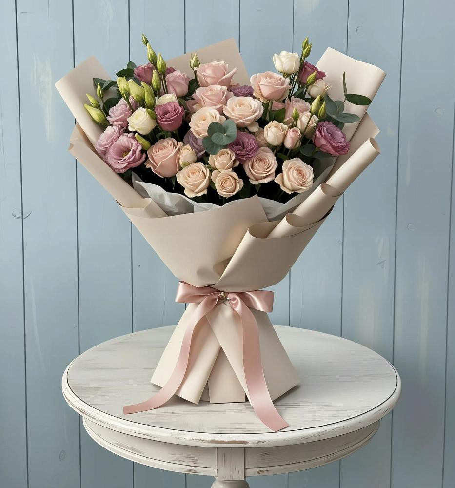 Букет цветов из: Розы и Лизиантусы в Верхних Ачалуках