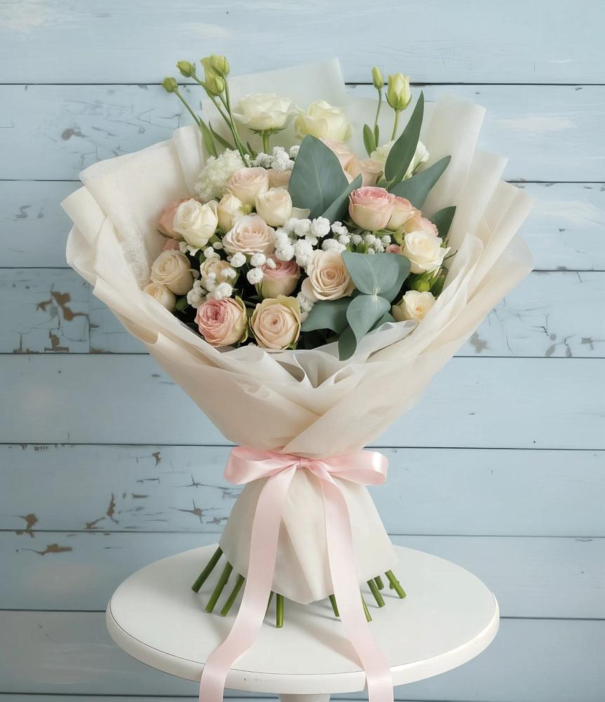 Букет цветов из: Розы и Лизиантусы в Верхних Ачалуках