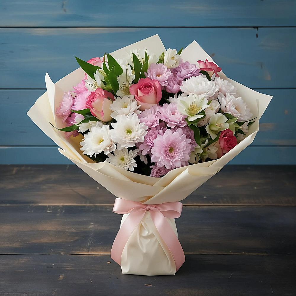 Букет цветов из: Хризантемы, Альстромерии и Розы в Верхних Ачалуках